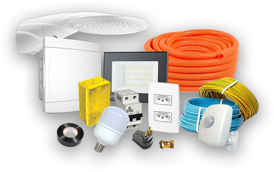 Fios, Tomadas, Interruptores, Disjuntores, Quadro de distribuição, Caixa de passagem, Lâmpadas, Painéis de led e Refletores